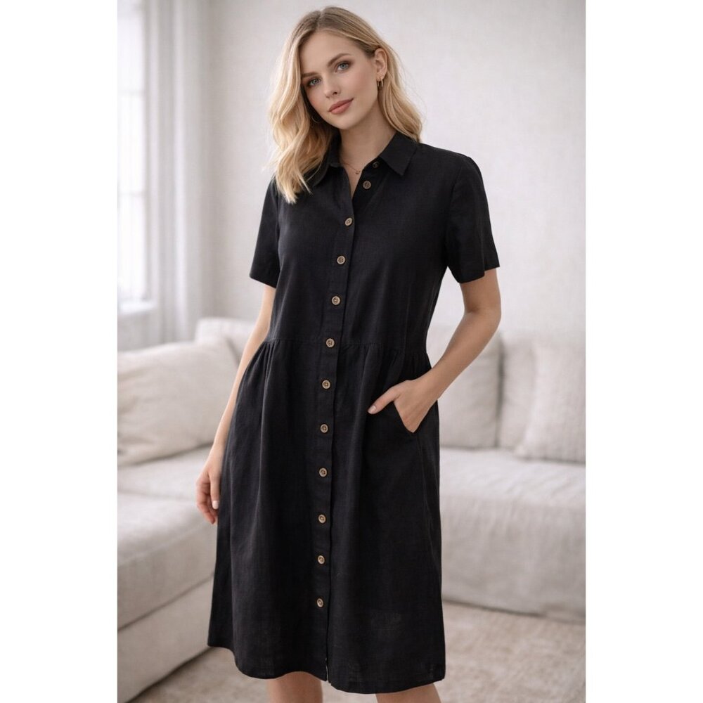 Alix Taylor Black Linen Blend Shirt Dress Button Front Size 18 Midi